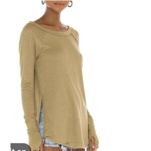 Free People Snowy Thermal Waffle Knit Thumbholes Tunic Top Olive Green Size S